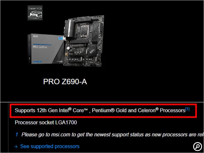 MSI PRO Z690-Aのスペック表記（対応するIntel CPU）