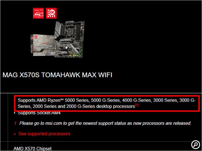 MSI MAG X570S TOMAHAWK MAX WIFIのスペック表記（対応するAMD CPU）