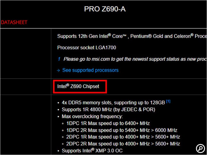 MSI PRO Z690-Aのスペック表記（チップセット）