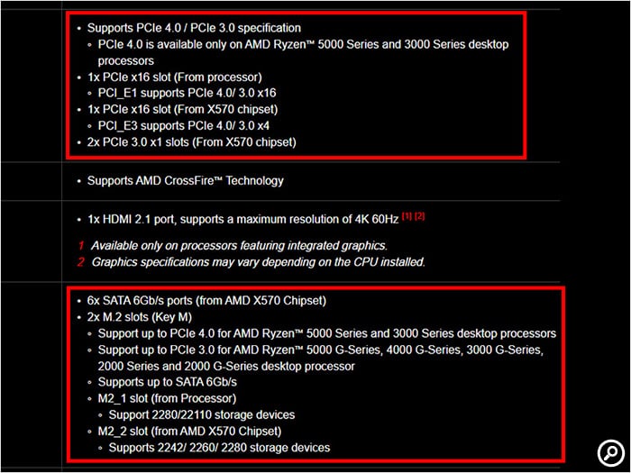 MSI MAG X570S TOMAHAWK MAX WIFIのスペック表記（拡張スロット）