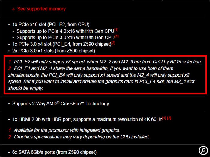 MSI MEG Z590 UNIFYのスペック表記（M.2スロット）