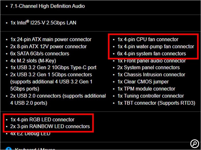 MSI MAG X570S TOMAHAWK MAX WIFIのスペック表記（ファンとRGB LED用端子）