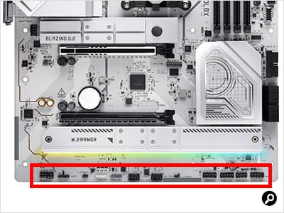ピンヘッダーは、ファンやLED、スイッチなどをつなぐための端子