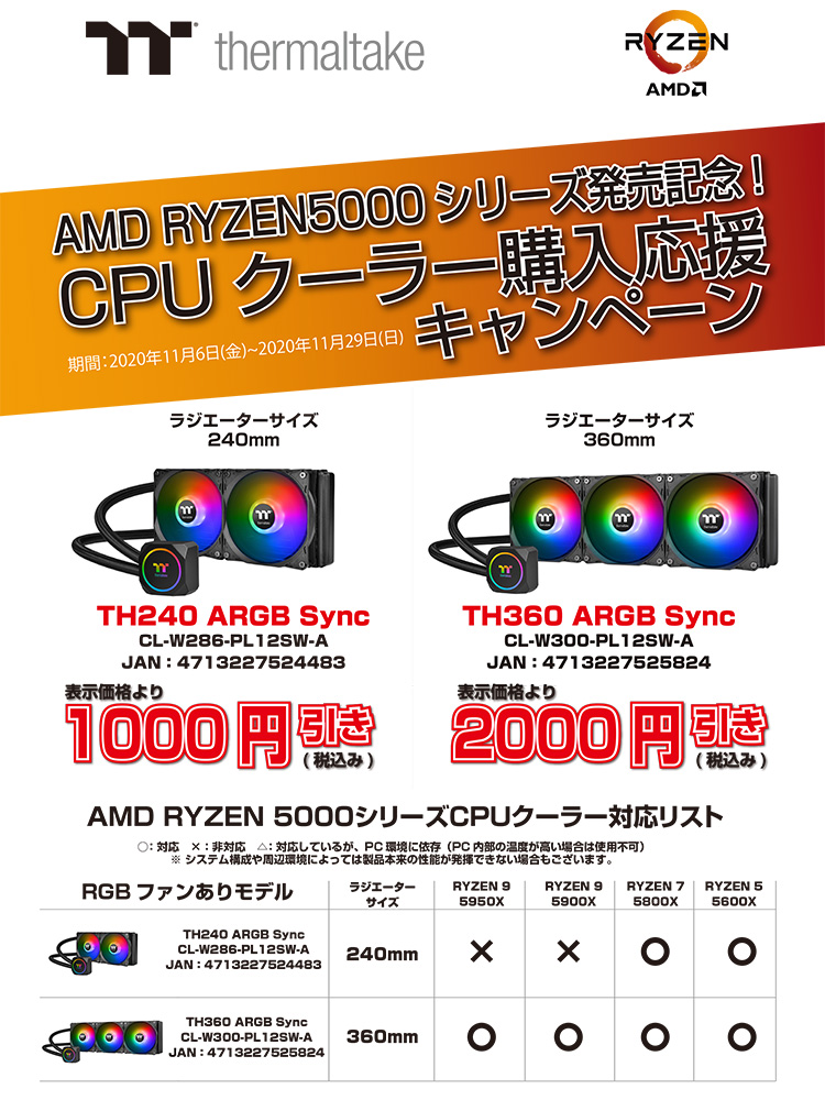 AMD Ryzen 5000シリーズプロセッサ発売記念！Thermaltake CPUクーラー購入応援キャンペーン開催のお知らせ