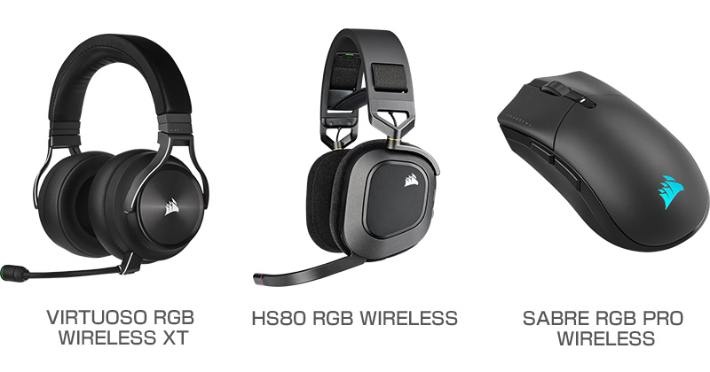 CORSAIR VIRTUOSO RGB WIRELESS XT、HS80 RGB WIRELESS、SABRE RGB PRO WIRELESS 製品画像