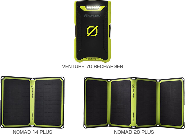 Goal Zero Venture 70 Rechargerシリーズ、Nomad 14 Plus、Nomad 28 Plus 製品画像