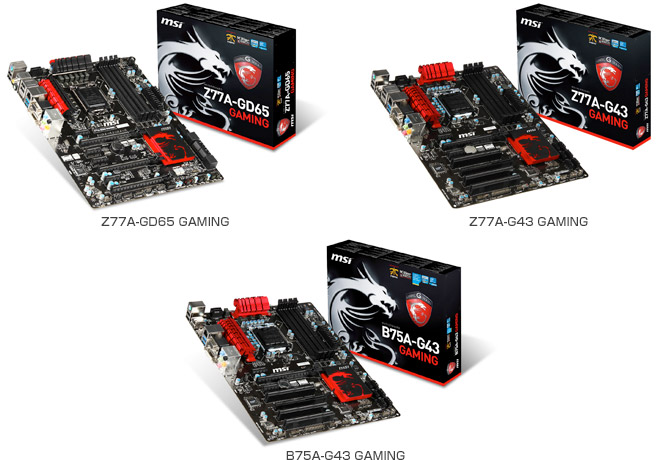 Z77A-GD65 GAMING、Z77A-G43 GAMING、B75A-G43 GAMING 製品画像