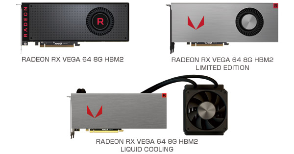 SAPPHIRE RADEON RX VEGA 64 8G HBM2、RADEON RX VEGA 64 8G HBM2 LIMITED EDITION、RADEON RX VEGA 64 8G HBM2 LIQUID COOLING 製品画像