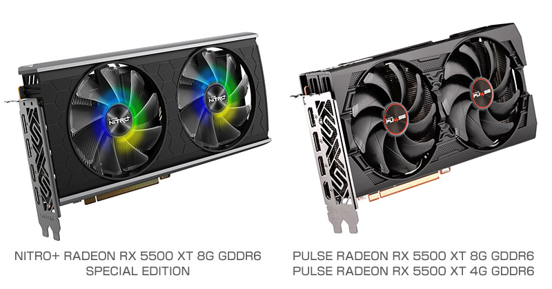 SAPPHIRE NITRO+ RADEON RX 5500 XT 8G GDDR6 SPECIAL EDITION、PULSE RADEON RX 5500 XT 8G GDDR6、PULSE RADEON RX 5500 XT 4G GDDR6 製品画像