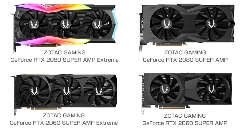 ZOTAC GAMING GeForce RTX 2080 SUPER AMP Extreme、ZOTAC GAMING GeForce RTX 2080 SUPER AMP、ZOTAC GAMING GeForce RTX 2060 SUPER AMP Extreme、ZOTAC GAMING GeForce RTX 2060 SUPER AMP 製品画像