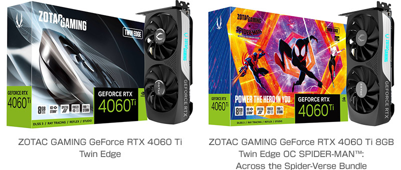ZOTAC GAMING GeForce RTX 4060 Ti Twin Edge、ZOTAC GAMING GeForce RTX 4060 Ti 8GB Twin Edge OC SPIDER-MAN™: Across the Spider-Verse Bundle 製品画像