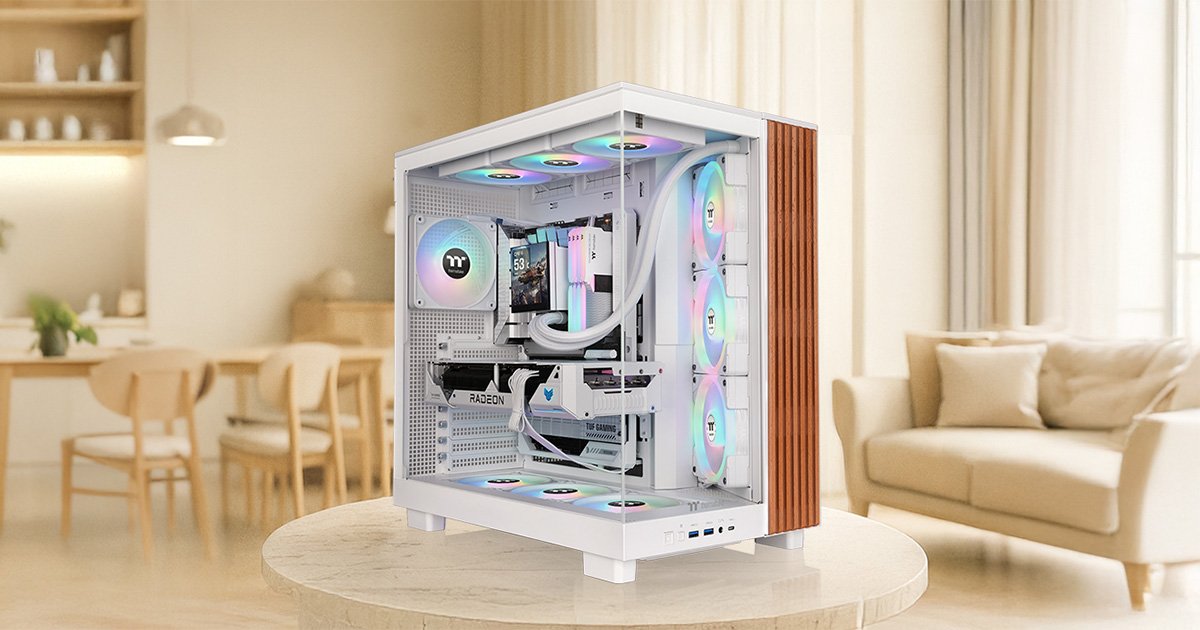 木のラインが印象的なピラーレスデザインのPCケース、Thermaltake社製