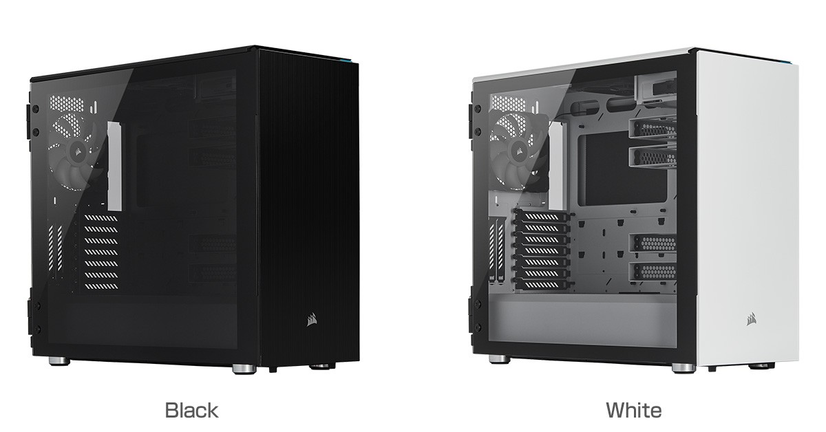 強化ガラスのサイドパネルと防音材を装備するミドルタワー型PC