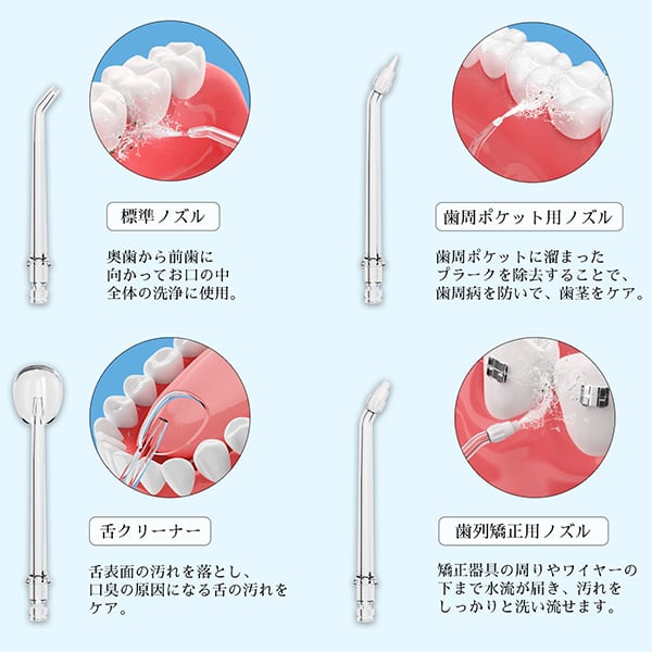 豊富なノズルで徹底的に口腔洗浄