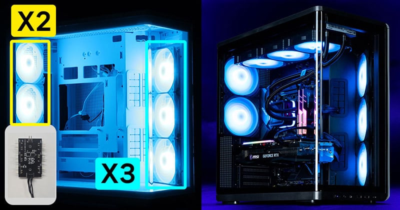 アドレサブルRGBファン5基とファンハブを搭載